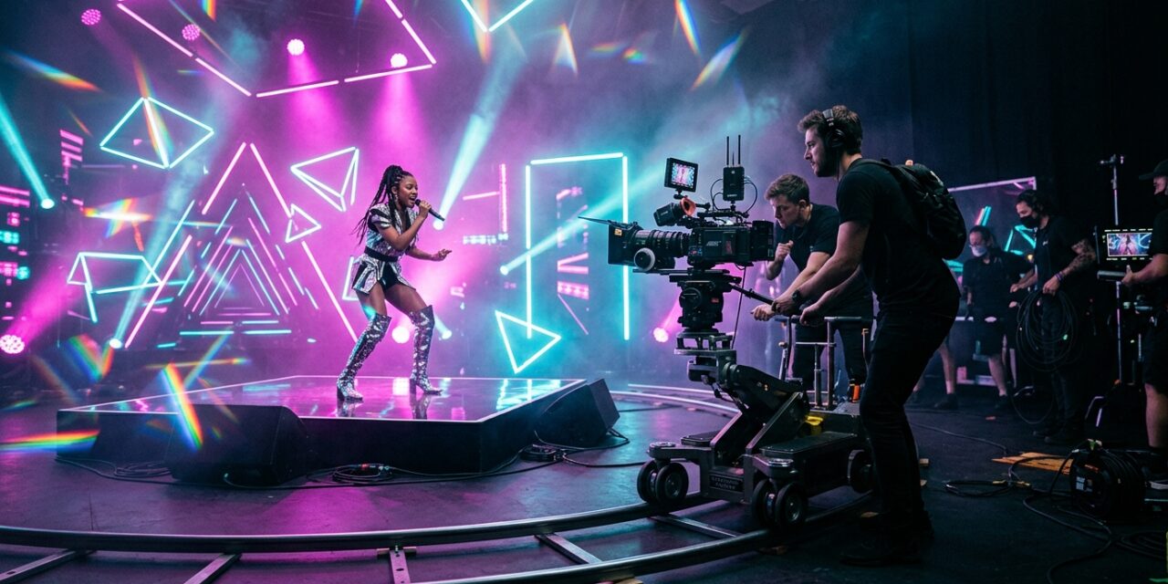 Platou producție videoclip muzical și lumini neon
