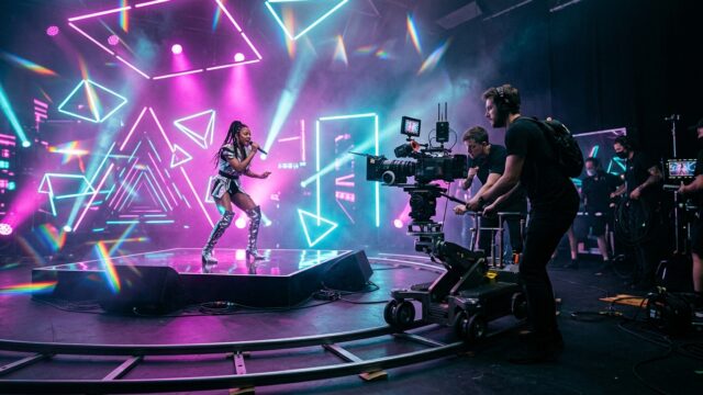 Platou producție videoclip muzical și lumini neon